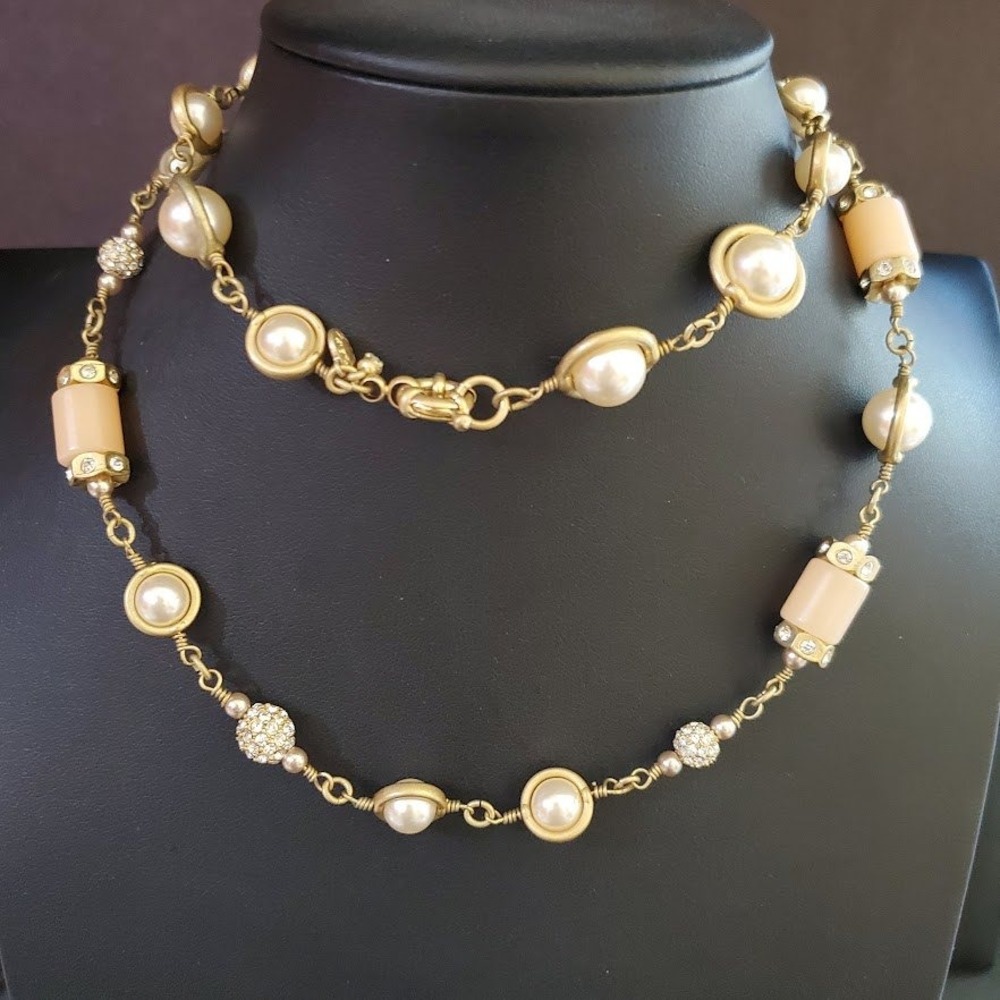J.Crew Gold Tone Faux Pearl Crystal Peach Resin Bead Long Station Necklace